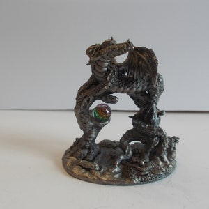 Large~Fantasy~Pewter~Winged Dragon~Figurine~90s~WAPW~England~Collectable~Magic~Dragon~Crystal Ball~3 1/2&quot;Tall~Weighs~1lb.2+oz.~Signed