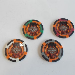 Vintage~Harley Davidson~POKER CHIPS~Bar and Shield~Flames~Collectable~Biker~Gift~Motorcycle~Accessorie~Harley~Home~Decor~Lot of 4~Chips~Gift