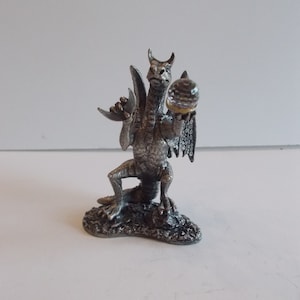 Large~Fantasy~Pewter~Dragon~Figurine~90s~WAPW~England~Collectable~Magic~Dragon~Original~Box~Crystal Ball~3 3/4&quot;Tall~Weighs~11+oz.~Signed