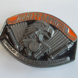 Harley Davidson~Belt Buckle~Biker~Accessory~Motorcycle Belt Buckle~Jewelry~Pewter~1990~Siskiyou~&quot;Proud To Be An American&quot;~Collectable~USA