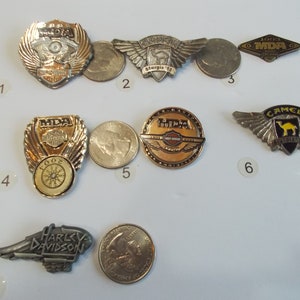 Könnte beinhalten: Eine Sammlung von zehn Harley Davidson Motorrad-Anstecknadeln, darunter eine Anstecknadel mit dem Text "Harley Davidson" und eine Anstecknadel mit dem Text "MDA 1993".
