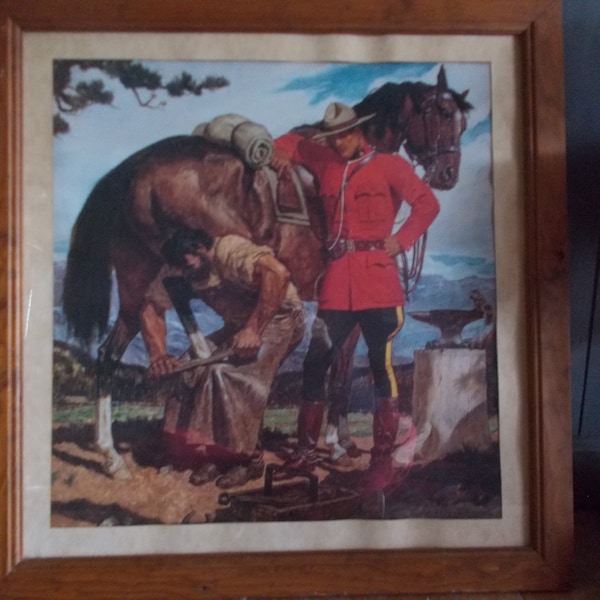 Canadian Mountie~Print~A Friberg~Farrier Shoeing Horse~Framed Art~Horse~Equestrian~Wood Frame~26" x 25"~Rare ????~~Wall Hanging~Nice~Gift