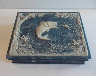 Large~INCOLAY~Stone~Box~Big Mouth Bass~Fish~Dresser~Box~9 3/4" x 7 1/4"~Fathers~Mans~Fisherman~Gift~Jewelry~Desk~Box~Valet