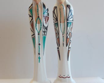 Native American~Made~Statues~Prayer~Statue~Pottery~Set~of~Two~Signed~14"~tall