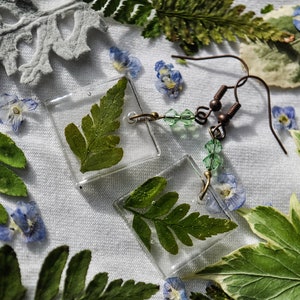 Fern leaf square resin botanical earrings with crystal beads