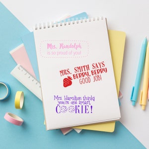 Stack of notebooks with pens and washi tape with personalized teacher stamps on notebook paper
