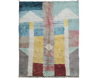 Tappeto da soggiorno berbero chic, design astratto unico, realizzato artigianalmente -6,2x9x1ft, tappeto marocchino, tappeto di lana, tappeto fatto a mano, tappeto colorato