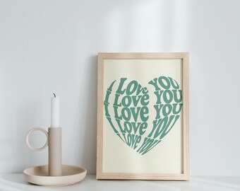 Retro Minimalist Aesthetic Wall Art, I Love You Heart Print Sage Green, Instant Digital Download Valentines Art Printable, Engagement Gift