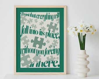 Retro Wall Art, Jigsaw Print, Fall Into Place Poster Forest green, Digital Art, Trendy Retro Aesthetic, Motivational art, Quote Wall Art