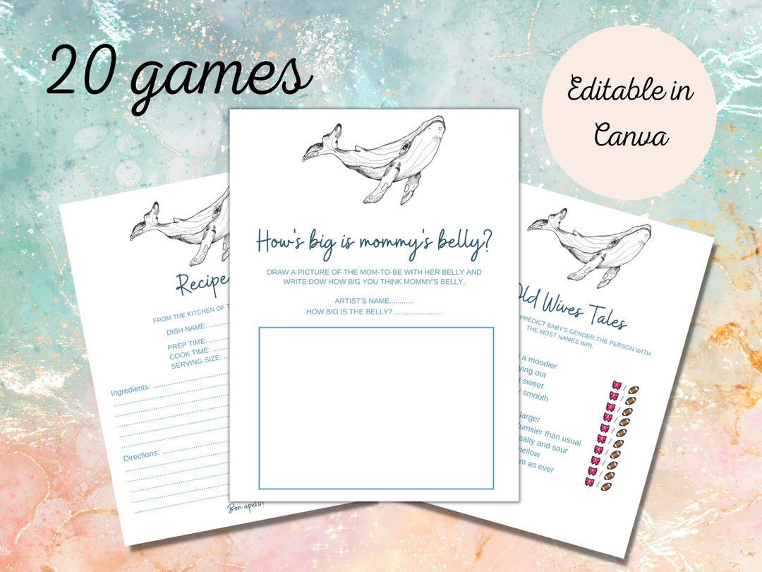 Editable Whale Baby Shower Game Bundle, 20 Games Baby Shower Games