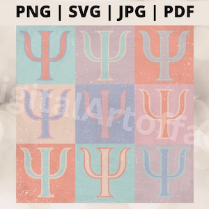 May include: A digital art print featuring nine squares, each with a different pastel background color. Each square contains a stylized Psi symbol in a contrasting color. The top of the image reads "PNG | SVG | JPG | PDF".
