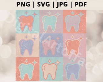 May include: A digital art print featuring nine pastel-colored teeth with sparkling details. The teeth are arranged in a grid pattern on a background with a subtle textured effect.