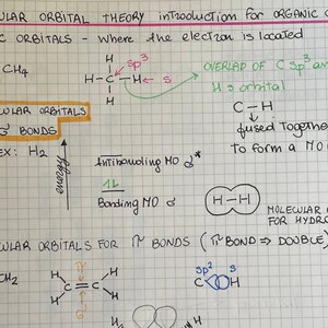Puede incluir: Notas escritas a mano en una página de cuaderno de papel cuadriculado que explican la teoría de los orbitales moleculares en química orgánica. Las notas incluyen diagramas de orbitales moleculares para enlaces sigma y pi, con ejemplos de metano (CH4) y hidrógeno (H2).