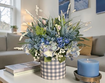 Blue Hydrangea Floral Arrangement| Farmhouse Centerpiece| Rustic Home Decor| Gingham Container