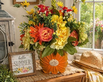 Bright Summer Bloom Arrangement| Rustic Floral Centerpiece| Sunflower-Inspired Vase Decor