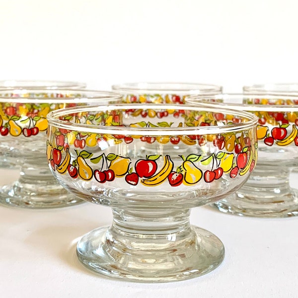 Vintage Eis Schüsseln Obst Salat Set von 6 Obst Gemusterten Glas Schüsseln 1980er Jahre Retro Küche Kirsche Apfel Banane Birne Dekor Italienisch