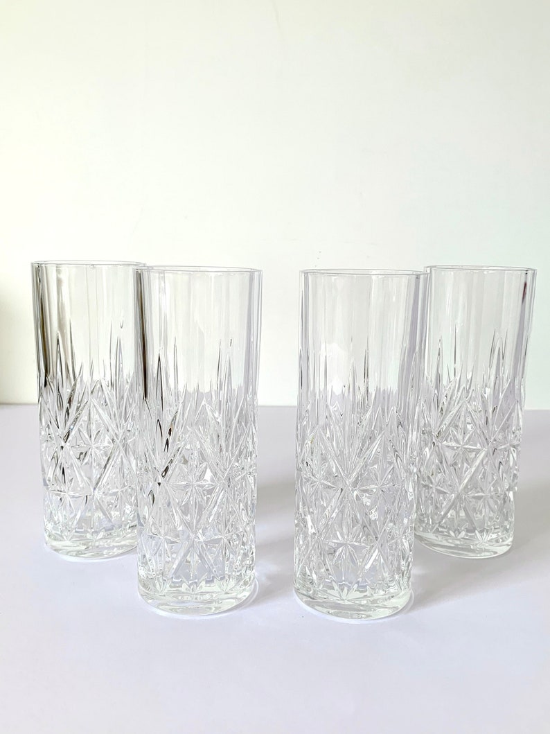 Four Old Fashioned Highball Glasses Crystal Tumbler Glass 1970s
