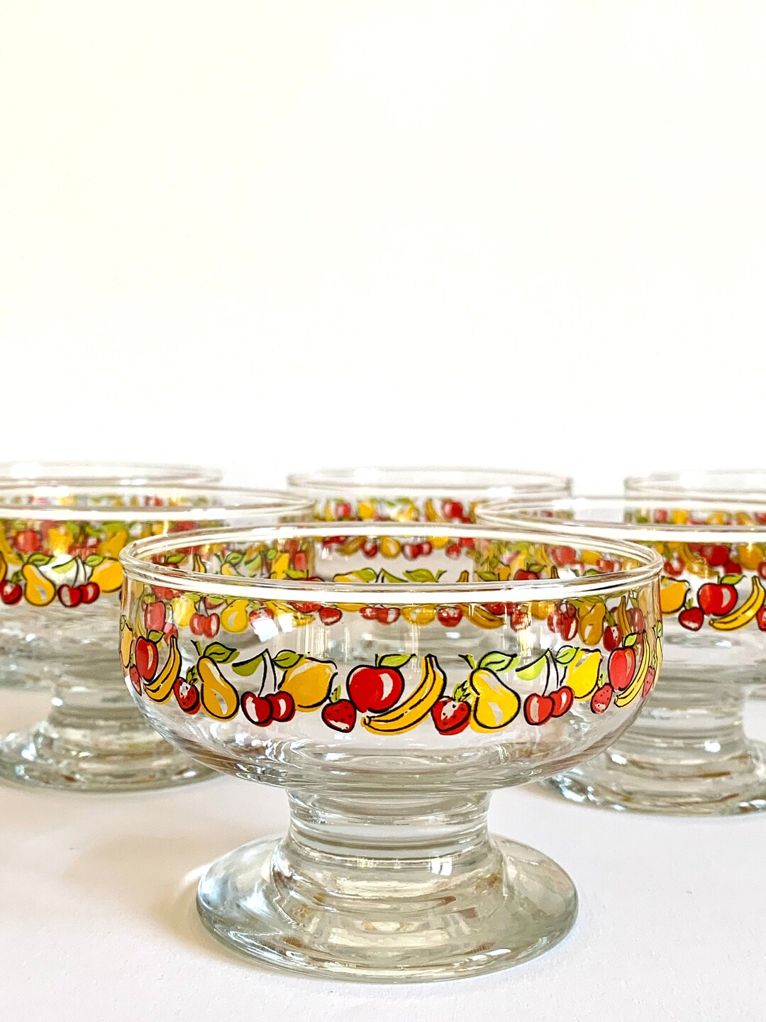 Vintage Ice Cream Serving Bowls Fruit Salad Set of 6 Fruit Patterned Glass Bowls 1980s Retro