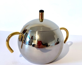 Vintage Italian Stainless Steel Sugar Bowl, 24k Gold Handles, 1980s Modernist Design