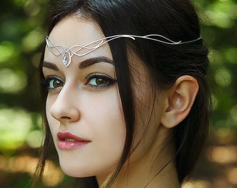 Sterling zilveren tiara Omelia - Elven bruiloft hoofddeksel met Rainbow Moonstone of andere edelsteen - Bruidshoofddeksel - Elf tiara - voorhoofd sieraden