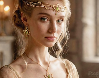 Gold Lotus Bloom Headpiece – Wedding Bridal Tiara with Peridot Stones