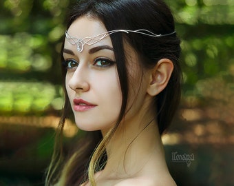 Sterling Silver 925 Tiara Omelia - Elven wedding circlet with Rainbow Moonstone or other gem - Bridal headpiece - Elf headpiece