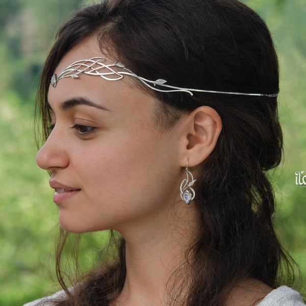 Wedding Set Leafy silver - Tiara and Earrings - elven bridal set - princess headpiece - elf diadem - medieval crown - silver headpiece