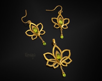 18K Gold Mini Set Necklace and Earrings - Lotus Whisper with Peridots