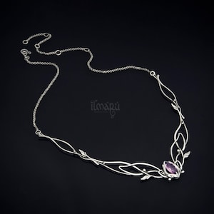 Zilveren ketting jasmijn met amethist, maansteen of andere edelstenen - elven bruiloft stijl bruidsketting voor de elf prinses sieraden
