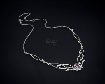 Silver Necklace Jasmine with Amethyst, Moonstone or other gems - elven wedding style bridal necklace for the elf princess jewelry