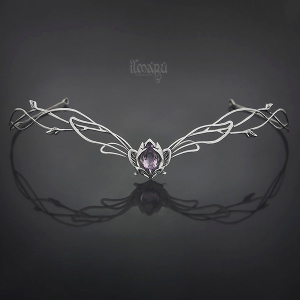 Silver bridal tiara Jasmine with amethyst, moonstone or other gems - Elven wedding headpiece - Celtic princess circlet - Elvish crown