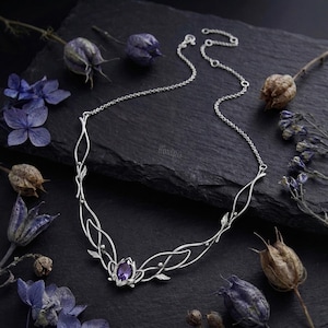 Silver Jasmine Necklace with Amethyst, Elven Bridal Jewelry image 1