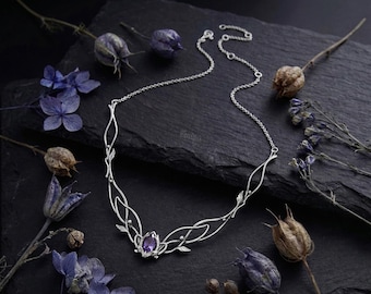 Silver Jasmine Necklace with Amethyst, Elven Bridal Jewelry