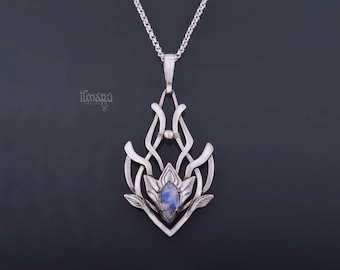 Silver Necklace Argis with Rainbow Moonstone – Elven Pendant, Fantasy Wedding Jewelry