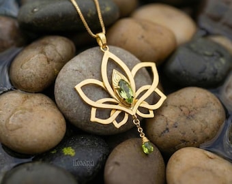 Gold Necklace with Peridots Lotus Bloom - Elf Wedding Flower Pendant Jewelry