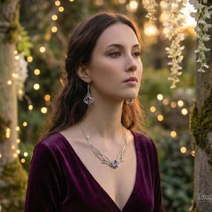 Silver Jasmine Necklace with Amethyst, Elven Bridal Jewelry image 2