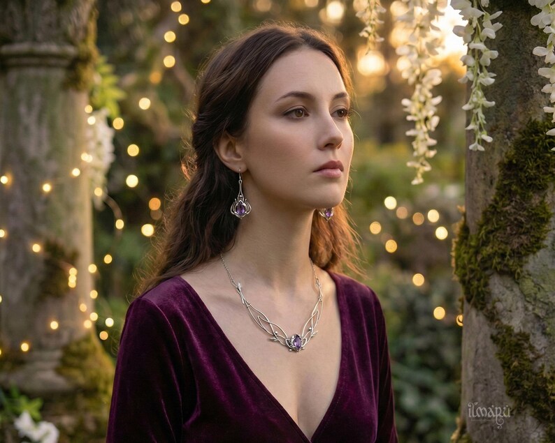 Silver Jasmine Necklace with Amethyst, Elven Bridal Jewelry image 2