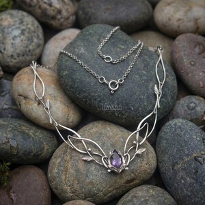 Silver Jasmine Necklace with Amethyst, Elven Bridal Jewelry image 4