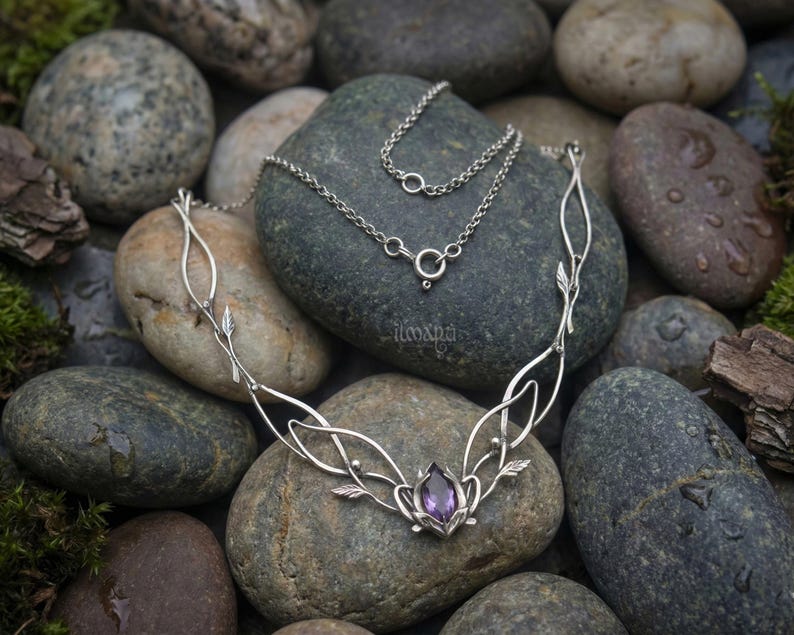 Silver Jasmine Necklace with Amethyst, Elven Bridal Jewelry image 4