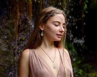 Silver Wedding Set Argis with moonstones - Elven jewelry set - Bridal circlet pendant earrings - Elvish princess headpiece
