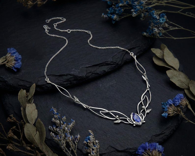 Silver Jasmine Necklace with Amethyst, Elven Bridal Jewelry image 5