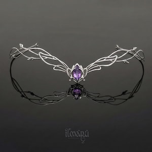 Diadème de mariée elfique argenté au jasmin - Diadème de mariage avec améthyste ou pierre de lune - Bandeau de princesse fantastique