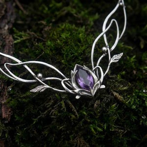 Silver Jasmine Necklace with Amethyst, Elven Bridal Jewelry image 3