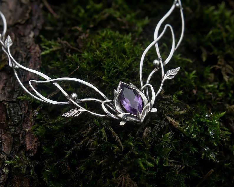 Silver Jasmine Necklace with Amethyst, Elven Bridal Jewelry image 3
