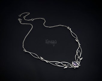 Silver necklace with amethyst, moonstone or other gems - elven wedding style - bridal necklace - elfish princess jewelry