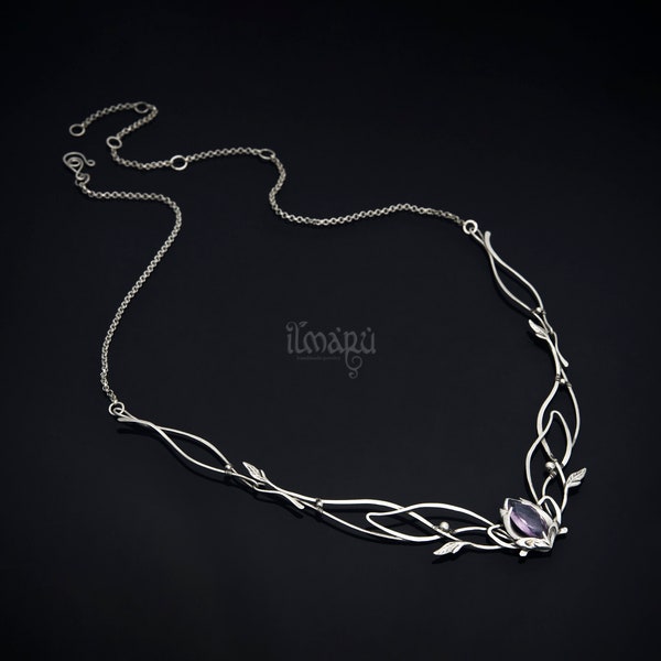 Silver necklace with amethyst, moonstone or other gems - elven wedding style - bridal necklace - elfish princess jewelry