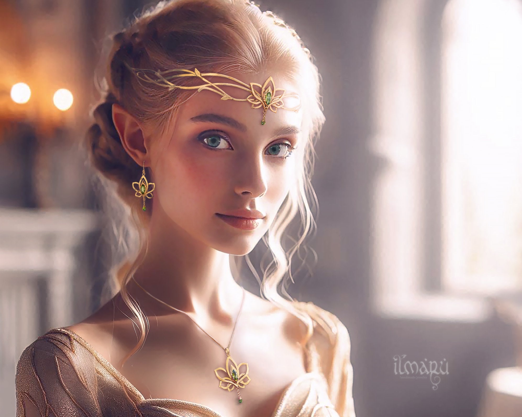 18K Gold Set Lotus Whisper with Peridots - Goddess headpiece, Necklace and Earrings - Elven wedding set for the Elf Princess bride