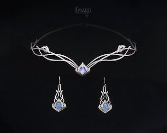 Elvish wedding silver set with rainbow moonstones - circlet and earrings - bridal diadem - elven headpiece - medieval theme wedding