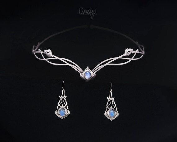 Wedding Silver Set With Rainbow Moonstones – Bridal Circlet  display picture 1