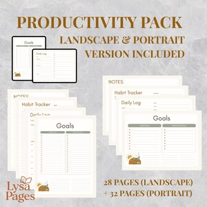 Könnte beinhalten: Ein Produktivitätspaket mit druckbaren Seiten für Zielsetzung, Gewohnheitsverfolgung und tägliches Protokollieren. Das Paket enthält 28 Querformatseiten und 32 Hochformatseiten. Die Seiten zeichnen sich durch ein minimalistisches Design mit einem braunen und grünen Farbschema aus.